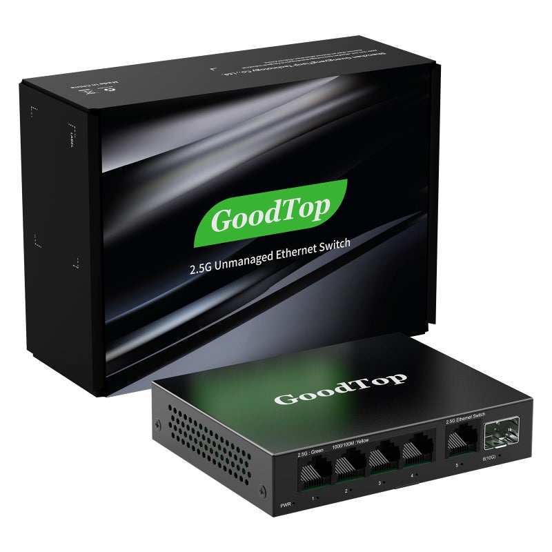 GoodTop 5 Port 2.5Gb Switch, Ethernet Switch Unmanaged 5 x 2.5G Base-T Ports and 1 x 10G SFP+, Multi-Gigabit 10/100/1000Mbps Network Switch, Plug&Play,Metal Housing,Fanless,Desktop/Wall Mount - Image 2