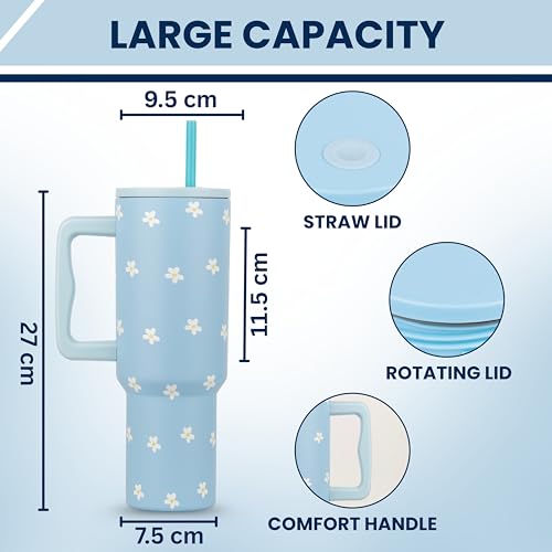 CYNVEXA Tumbler with lid and Straw 1200ML Cup Stainless Steel Vacuum Insulated Tumbler for Water, Iced Tea or Coffee 1.2L Office Gym Travelling (Flower Retro Mint) - Image 4