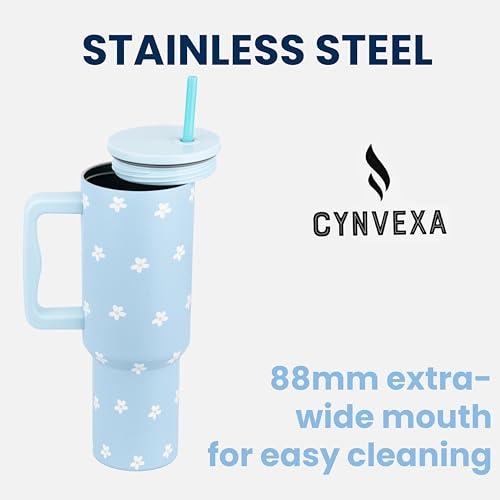 CYNVEXA Tumbler with lid and Straw 1200ML Cup Stainless Steel Vacuum Insulated Tumbler for Water, Iced Tea or Coffee 1.2L Office Gym Travelling (Flower Retro Mint) - Image 3
