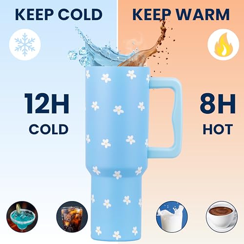 CYNVEXA Tumbler with lid and Straw 1200ML Cup Stainless Steel Vacuum Insulated Tumbler for Water, Iced Tea or Coffee 1.2L Office Gym Travelling (Flower Retro Mint) - Image 5