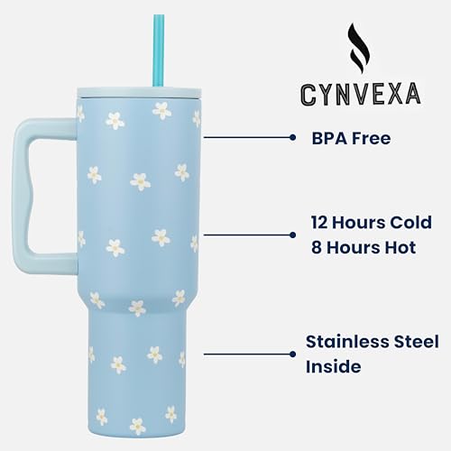 CYNVEXA Tumbler with lid and Straw 1200ML Cup Stainless Steel Vacuum Insulated Tumbler for Water, Iced Tea or Coffee 1.2L Office Gym Travelling (Flower Retro Mint) - Image 2