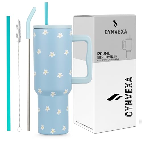 CYNVEXA Tumbler with lid and Straw 1200ML Cup Stainless Steel Vacuum Insulated Tumbler for Water, Iced Tea or Coffee 1.2L Office Gym Travelling (Flower Retro Mint) - Image 1