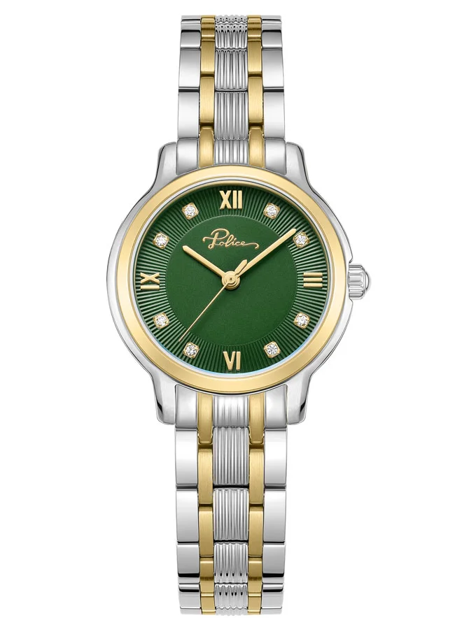 POLICE Charm Women’s 27mm Two-Tone Watch with Green Dial, Gold-Plated Roman Numerals  & 316L Stainless Steel Bracelet