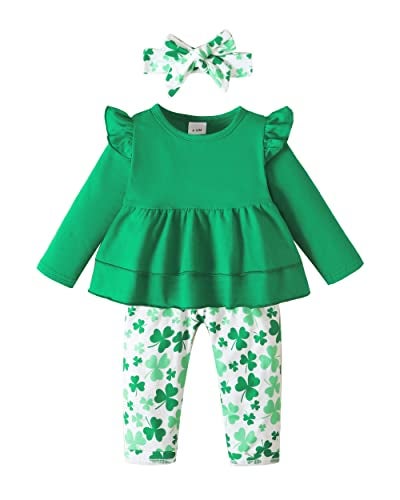 SODLON St. Patrick's Day Outfits Baby Girl Clothes 12 18 Months Long Sleeve Ruffle Top 18 months girl clothes Shamrock Print Pants Headband Winter Fall Clothing Sets Green - Image 1