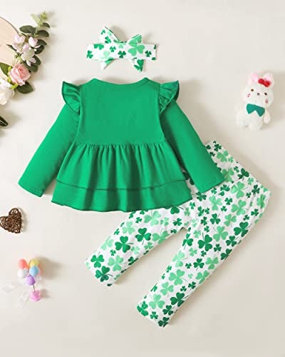 SODLON St. Patrick's Day Outfits Baby Girl Clothes 12 18 Months Long Sleeve Ruffle Top 18 months girl clothes Shamrock Print Pants Headband Winter Fall Clothing Sets Green - Image 3