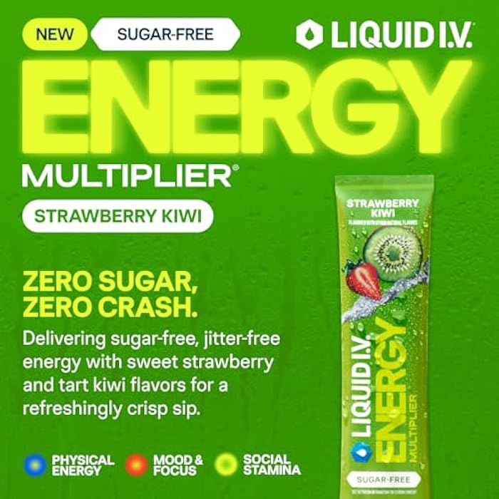 Liquid I.V.® Hydration Multiplier Sugar Free + Energy - Strawberry Kiwi | Electrolyte Powder Drink Mix | 1 Pack (14 Servings) - Image 2