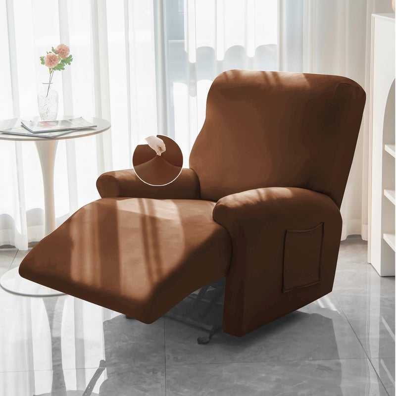 HOKIPO HOKIPO Recliner Stretch Sofa Slipcover 1 Seater Fully Covered 4Piece Set Machine Washable Furniture Protector with Elasticity for Kids Pet Brown NEW4740BR - Image 1
