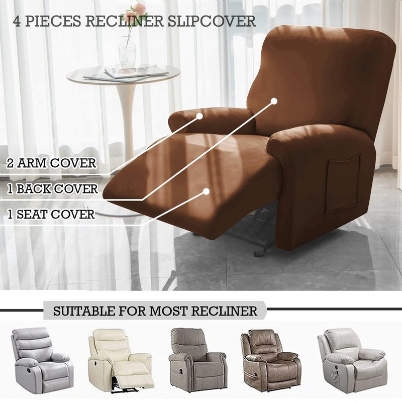 HOKIPO HOKIPO Recliner Stretch Sofa Slipcover 1 Seater Fully Covered 4Piece Set Machine Washable Furniture Protector with Elasticity for Kids Pet Brown NEW4740BR - Image 3