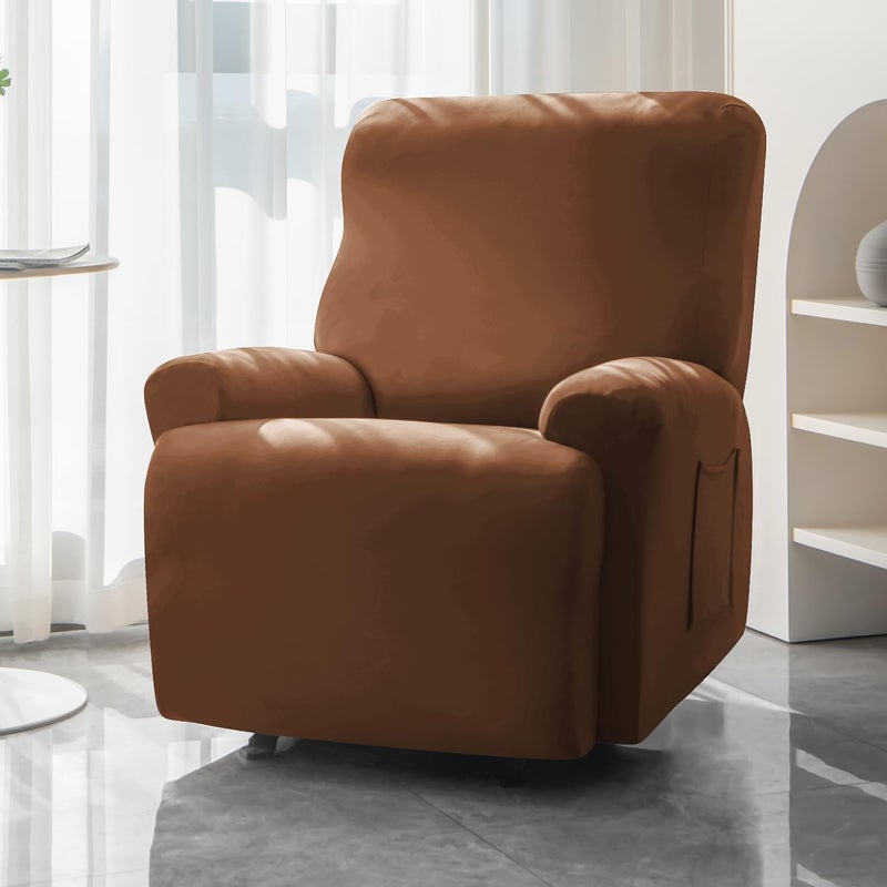 HOKIPO HOKIPO Recliner Stretch Sofa Slipcover 1 Seater Fully Covered 4Piece Set Machine Washable Furniture Protector with Elasticity for Kids Pet Brown NEW4740BR - Image 2