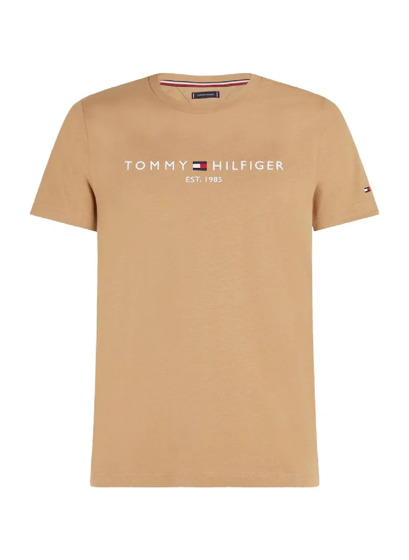 TOMMY HILFIGER Men's  Logo Embroidery Slim Fit  T-Shirt, Brown - Cotton