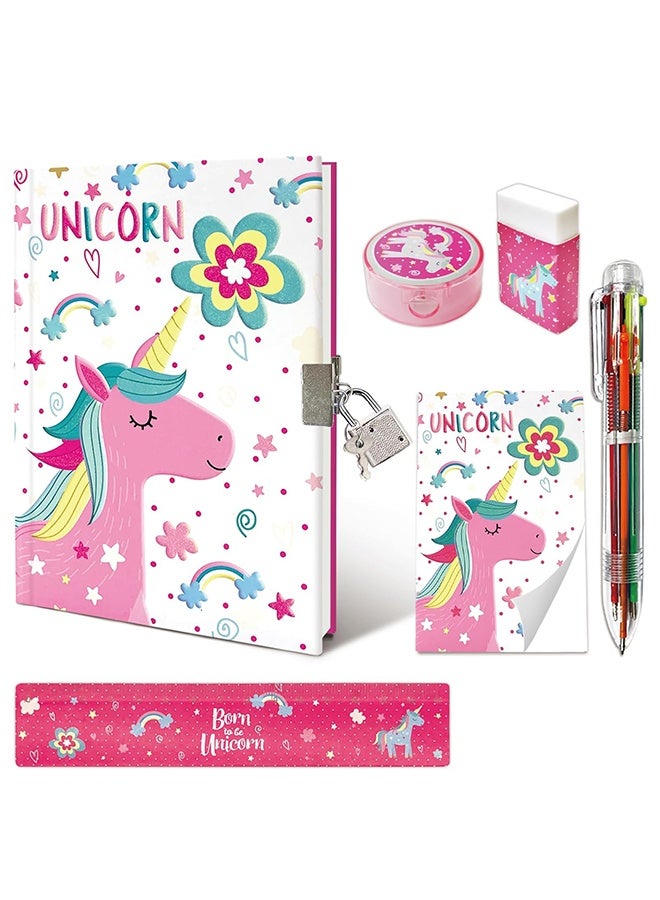 Set of Secret Diary for Girls, 6Pcs Gifts Stationery Set for Girls incl. Unicorn Diary with Lock 6 Multicolor Pen Memo Ruler Eraser Sharpener Kids Notebook for Girls Birthday Presents Age 5-10 Year - Image 1