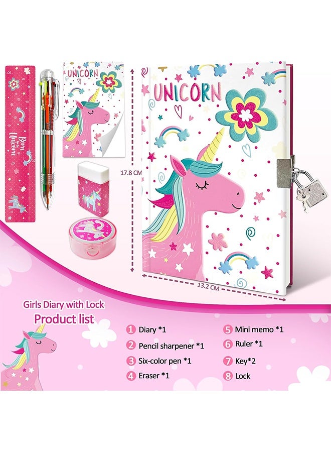Set of Secret Diary for Girls, 6Pcs Gifts Stationery Set for Girls incl. Unicorn Diary with Lock 6 Multicolor Pen Memo Ruler Eraser Sharpener Kids Notebook for Girls Birthday Presents Age 5-10 Year - Image 2