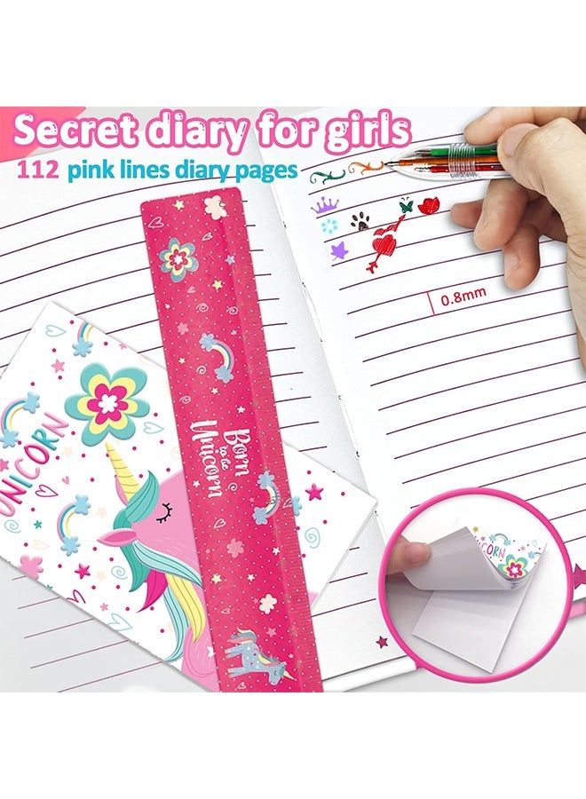 Set of Secret Diary for Girls, 6Pcs Gifts Stationery Set for Girls incl. Unicorn Diary with Lock 6 Multicolor Pen Memo Ruler Eraser Sharpener Kids Notebook for Girls Birthday Presents Age 5-10 Year - Image 3