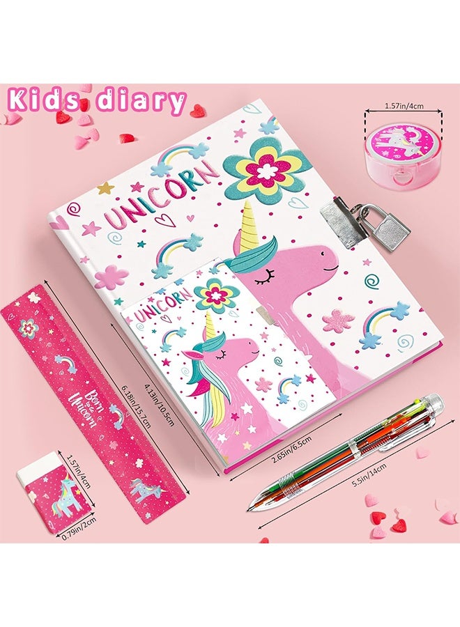 Set of Secret Diary for Girls, 6Pcs Gifts Stationery Set for Girls incl. Unicorn Diary with Lock 6 Multicolor Pen Memo Ruler Eraser Sharpener Kids Notebook for Girls Birthday Presents Age 5-10 Year - Image 4