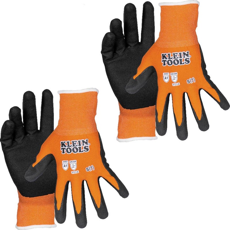 Klein Tools 60579 Work Gloves, Knit Dipped Cut Resistant ANSI A1 Nitrile Coated Gloves, Nylon-Spandex, Touchscreen Capable, Small, 2-Pair - Image 1