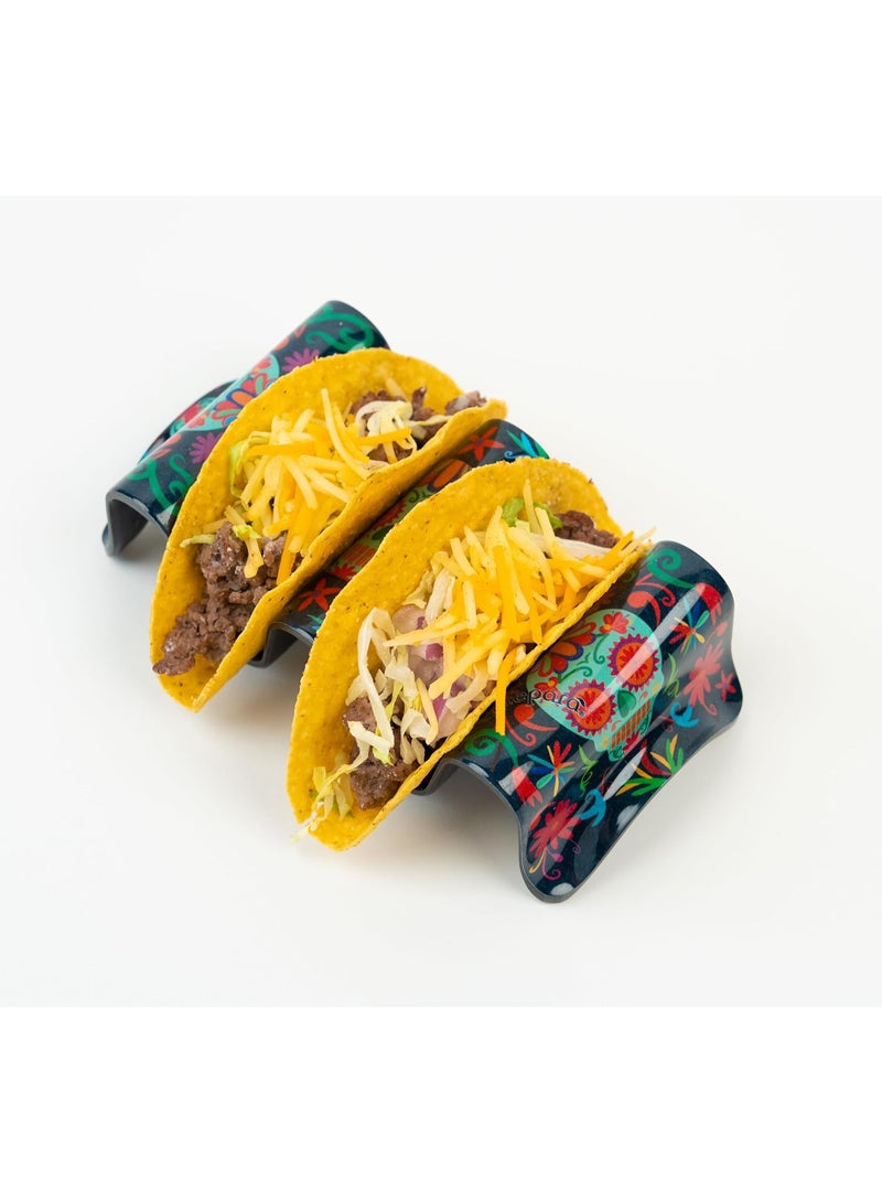 Prepara Day of the Dead Taco Holder 3 Slot Multicolor Skeleton Design Taco Stand 3.5x7.5x1.8in Durable Reusable Mexican Fiesta Serving Tray for Kitchen Parties and Food Presentation - Image 4