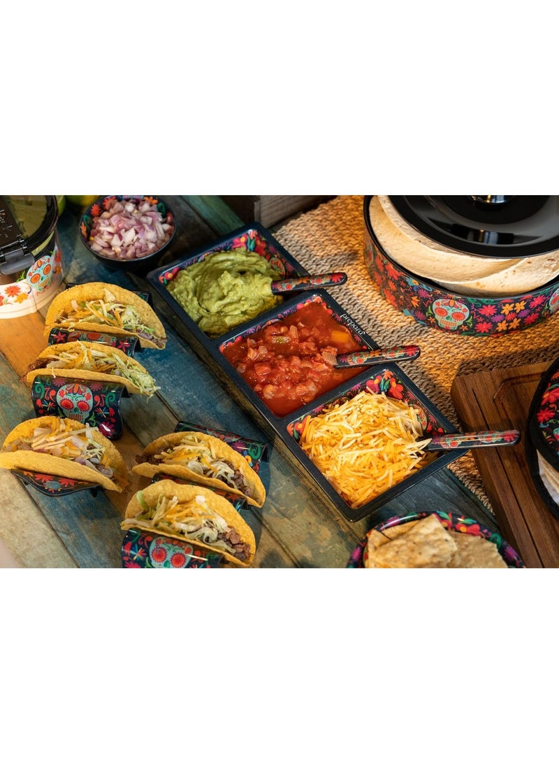 Prepara Day of the Dead Taco Holder 3 Slot Multicolor Skeleton Design Taco Stand 3.5x7.5x1.8in Durable Reusable Mexican Fiesta Serving Tray for Kitchen Parties and Food Presentation - Image 5