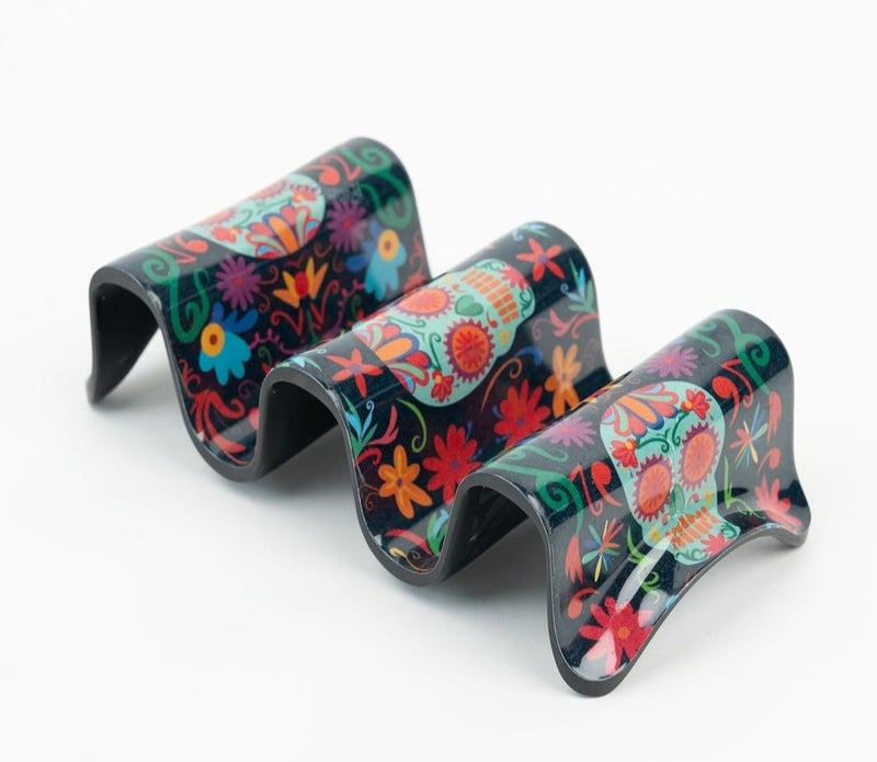 Prepara Day of the Dead Taco Holder 3 Slot Multicolor Skeleton Design Taco Stand 3.5x7.5x1.8in Durable Reusable Mexican Fiesta Serving Tray for Kitchen Parties and Food Presentation - Image 1