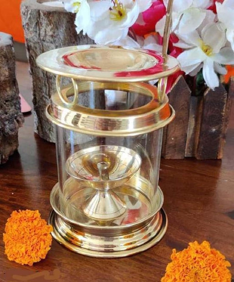 Stotram Brass with Borosilicate Glass Akhand Diya with Aroma Incense Burner Camphor lamp KapurOil Burner Diffuser4 Inch Height