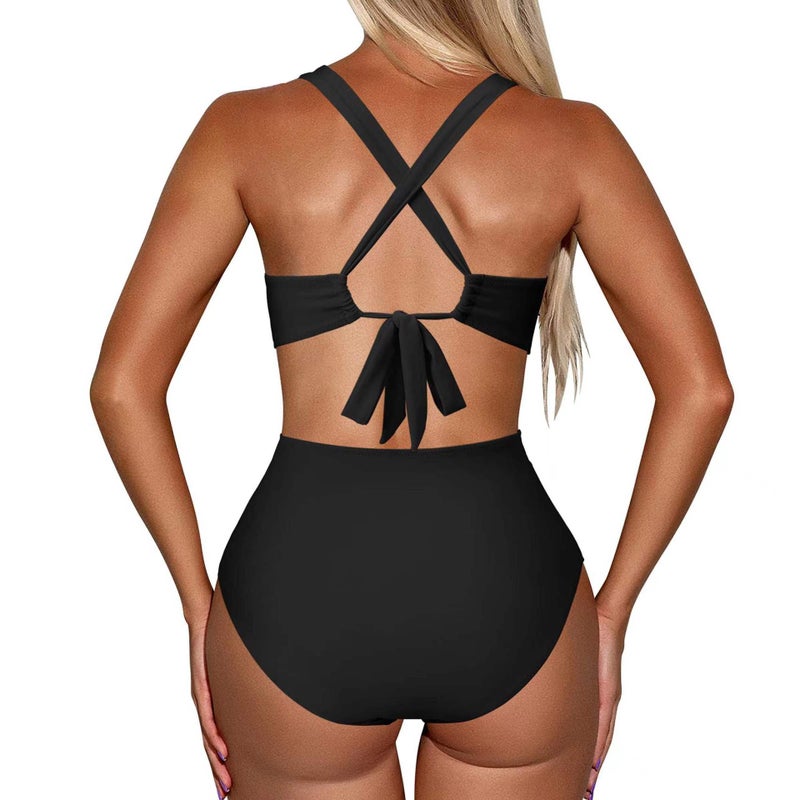 New One-Piece Swimsuit Multi-Color Printing Stitching One-Piece Cross Swimsuit Hollow Backless Swimsuit - Image 5