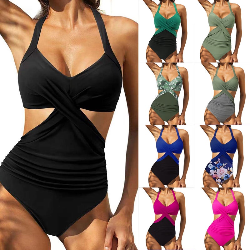 New One-Piece Swimsuit Multi-Color Printing Stitching One-Piece Cross Swimsuit Hollow Backless Swimsuit - Image 2