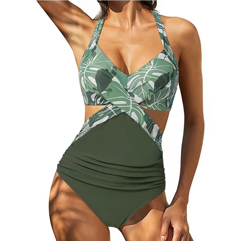 New One-Piece Swimsuit Multi-Color Printing Stitching One-Piece Cross Swimsuit Hollow Backless Swimsuit - Image 3
