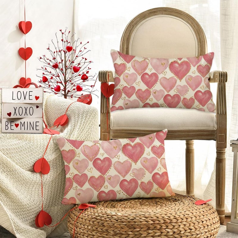 RABUSOFA Valentines Pillow Covers 12x20 Inch,Pink Hearts Golden Decorative Wedding Outdoor Lumbar Cushion Case Decoration for Home Sofa Couch(Pink, 20" x 12" (Pack of 1)) - Image 2