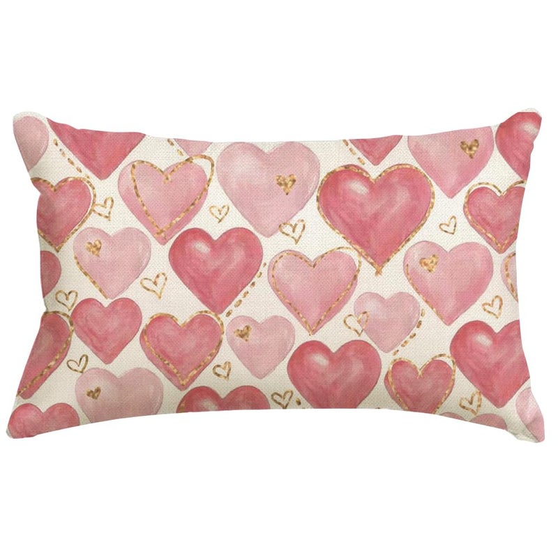 RABUSOFA Valentines Pillow Covers 12x20 Inch,Pink Hearts Golden Decorative Wedding Outdoor Lumbar Cushion Case Decoration for Home Sofa Couch(Pink, 20" x 12" (Pack of 1)) - Image 1