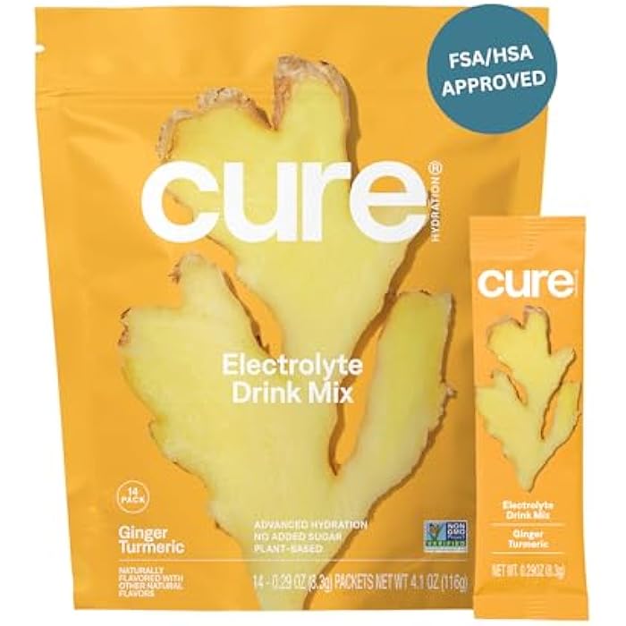 Cure Hydration مشروب الكتروليت من كير هايدريشن | مزيج نباتي | بدون سكر مضاف | FSA-HSA | مسحوق تخفيف الجفاف مصنوع من ماء جوز الهند | غير معدل وراثيًا | نباتي | كيس يحتوي على 14 عبوة - زنجبيل وكركم - Image 1