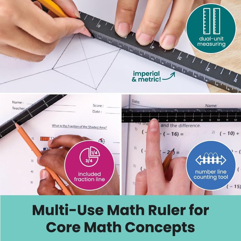 LockerMate MeasureMate Learning Ruler FourSided Math Tool for Students Teaching Number Lines Fraction Line with Metric and Imperial Black 2Pack - Image 2