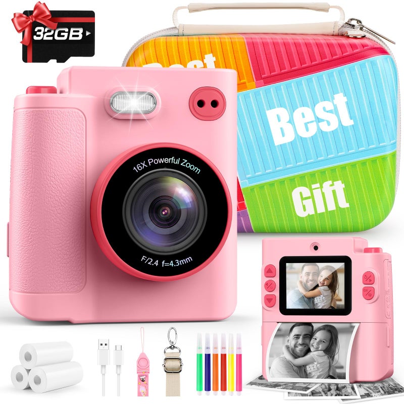 Yunaking Gift for Girls Kids Camera: Instant Print Dual Lens Digital Camera Toys for Girl 3-12 Birthday Christmas Valentines Gifts for Kid Girls Boys Ages 3 4 5 6 7 8 9 10 with 32G SD Card Storage Bag Pink - Image 1