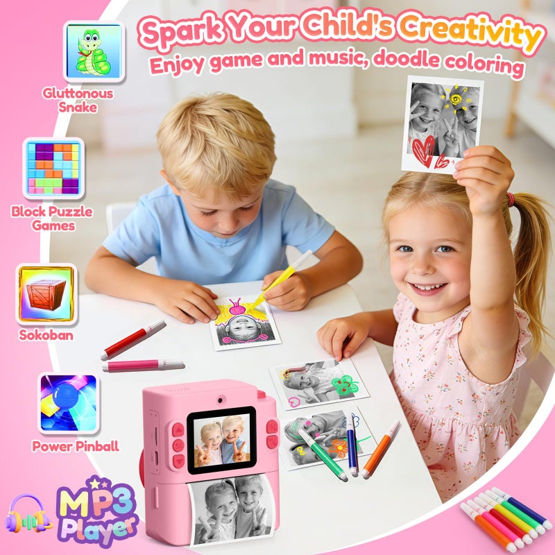 Yunaking Gift for Girls Kids Camera: Instant Print Dual Lens Digital Camera Toys for Girl 3-12 Birthday Christmas Valentines Gifts for Kid Girls Boys Ages 3 4 5 6 7 8 9 10 with 32G SD Card Storage Bag Pink - Image 5