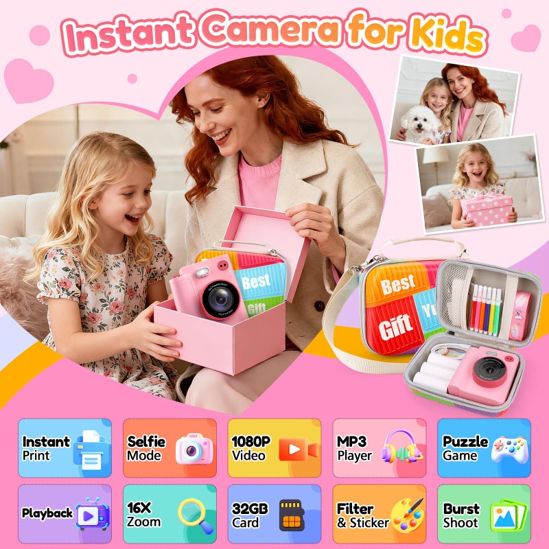 Yunaking Gift for Girls Kids Camera: Instant Print Dual Lens Digital Camera Toys for Girl 3-12 Birthday Christmas Valentines Gifts for Kid Girls Boys Ages 3 4 5 6 7 8 9 10 with 32G SD Card Storage Bag Pink - Image 2