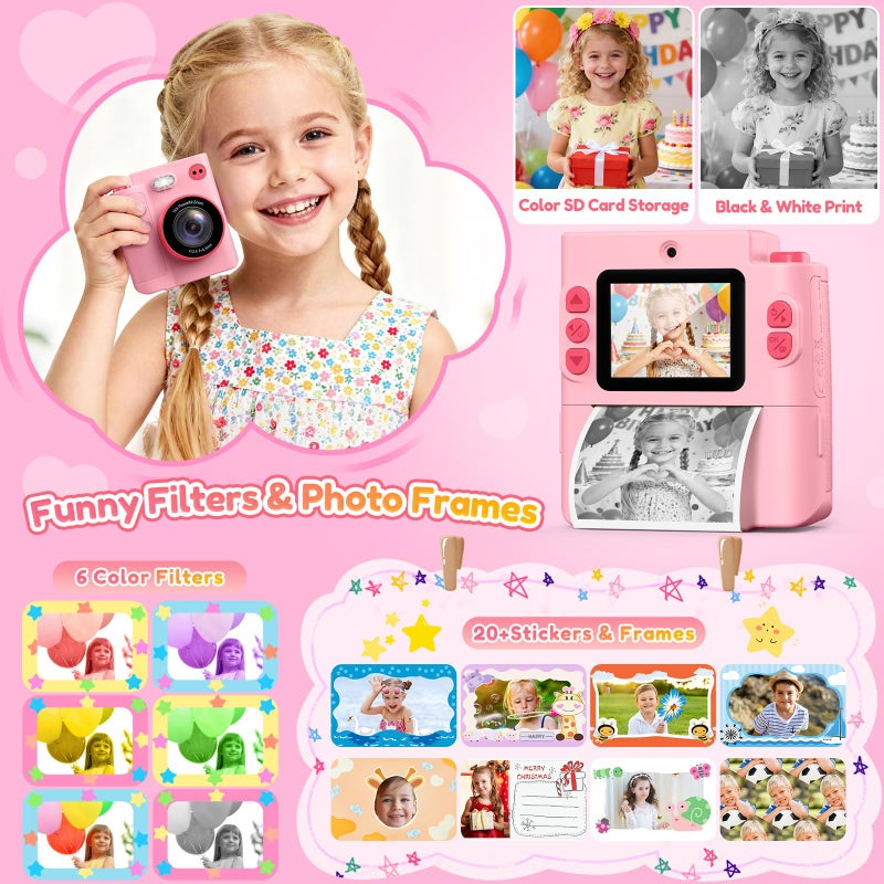 Yunaking Gift for Girls Kids Camera: Instant Print Dual Lens Digital Camera Toys for Girl 3-12 Birthday Christmas Valentines Gifts for Kid Girls Boys Ages 3 4 5 6 7 8 9 10 with 32G SD Card Storage Bag Pink - Image 4