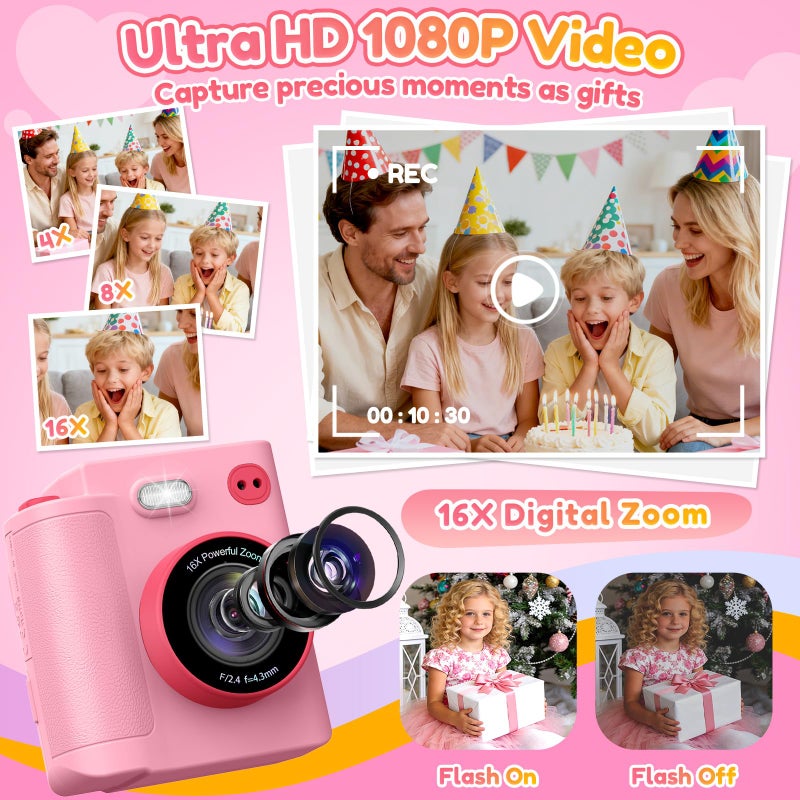Yunaking Gift for Girls Kids Camera: Instant Print Dual Lens Digital Camera Toys for Girl 3-12 Birthday Christmas Valentines Gifts for Kid Girls Boys Ages 3 4 5 6 7 8 9 10 with 32G SD Card Storage Bag Pink - Image 3