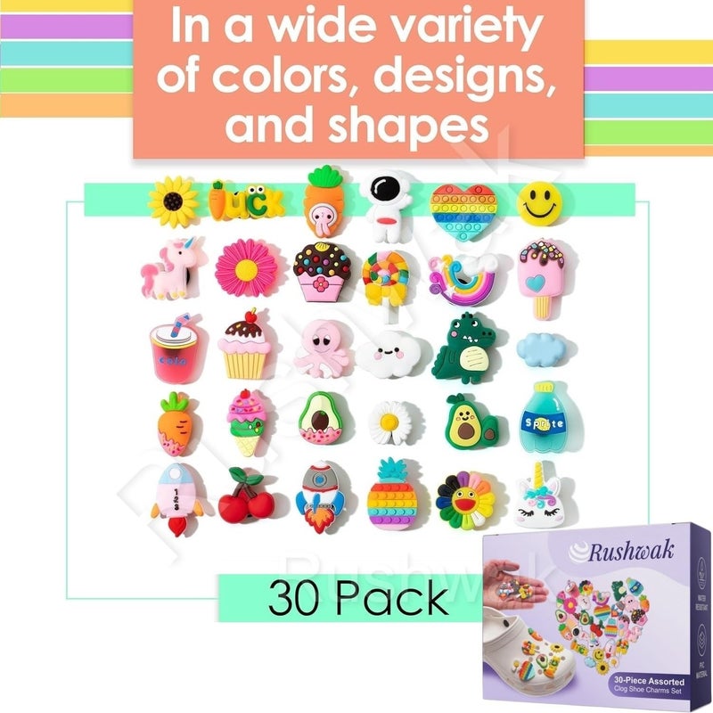 Rushwak 30Pcs Croc Charms High Quilaty Clogs Charms for Croc Accessories Assorted Cute Cartoon Jibbitz for Croc Sticker Button for Girls Boys Women Men Rubber Decoration Slippers Shoe Crocks Jibbitz - Image 2