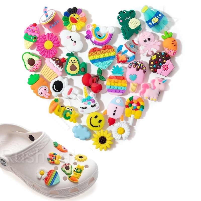 Rushwak 30Pcs Croc Charms High Quilaty Clogs Charms for Croc Accessories Assorted Cute Cartoon Jibbitz for Croc Sticker Button for Girls Boys Women Men Rubber Decoration Slippers Shoe Crocks Jibbitz - Image 1