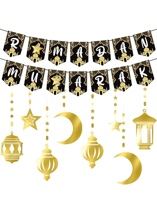 إيروريكس لافتة زينة رمضانية معلقة ديكورات العيد للمنزل عيد سعيد مبارك لوازم الحفلات منزل إسلامي رمضان كريم ديكور معلق باللونين الأسود والذهبي - Image 4