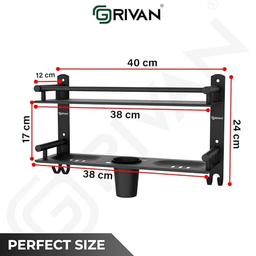 GRIVAN 5 in 1 Heavy-Duty Stainless Steel Bathroom Shelf Racks with Dual Soap Holder, Toothbrush Holder and Tumbler for Bathroom Accessories and Fittings (Black Matte) - Image 2