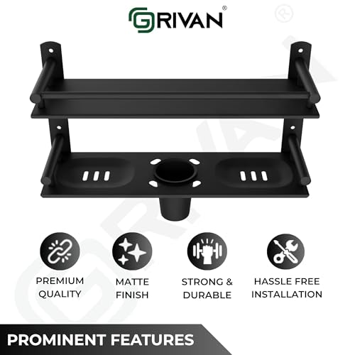 GRIVAN 5 in 1 Heavy-Duty Stainless Steel Bathroom Shelf Racks with Dual Soap Holder, Toothbrush Holder and Tumbler for Bathroom Accessories and Fittings (Black Matte) - Image 4