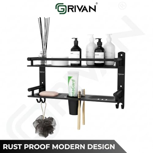 GRIVAN 5 in 1 Heavy-Duty Stainless Steel Bathroom Shelf Racks with Dual Soap Holder, Toothbrush Holder and Tumbler for Bathroom Accessories and Fittings (Black Matte) - Image 5