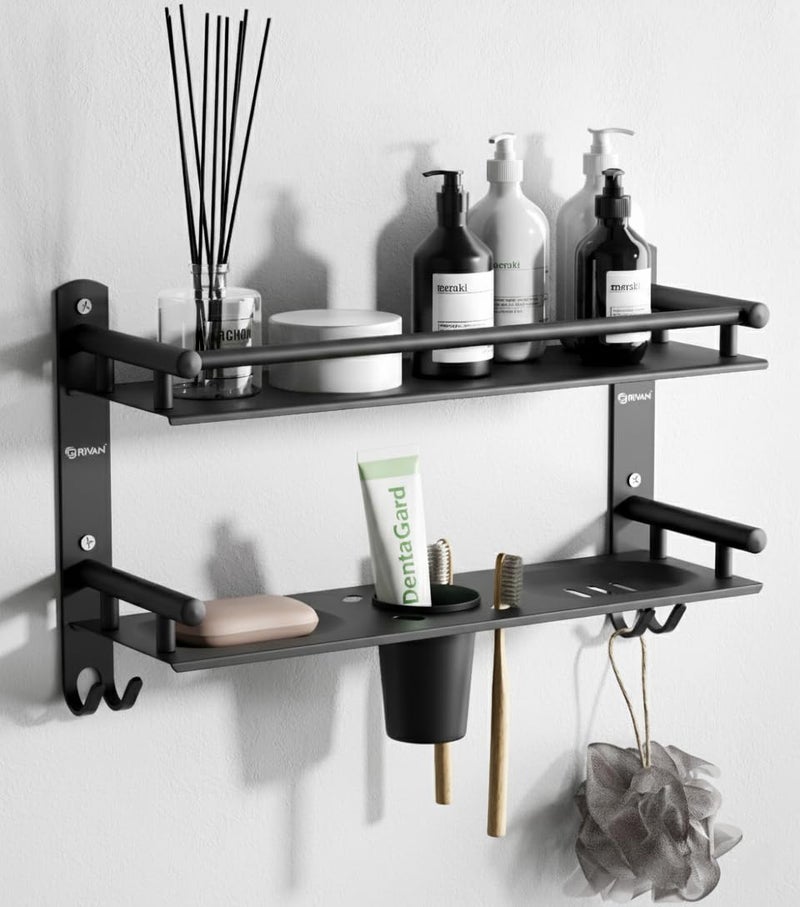 GRIVAN 5 in 1 Heavy-Duty Stainless Steel Bathroom Shelf Racks with Dual Soap Holder, Toothbrush Holder and Tumbler for Bathroom Accessories and Fittings (Black Matte) - Image 1