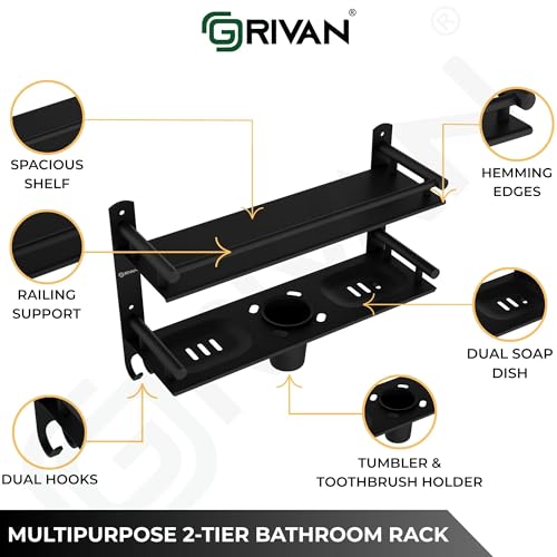 GRIVAN 5 in 1 Heavy-Duty Stainless Steel Bathroom Shelf Racks with Dual Soap Holder, Toothbrush Holder and Tumbler for Bathroom Accessories and Fittings (Black Matte) - Image 3