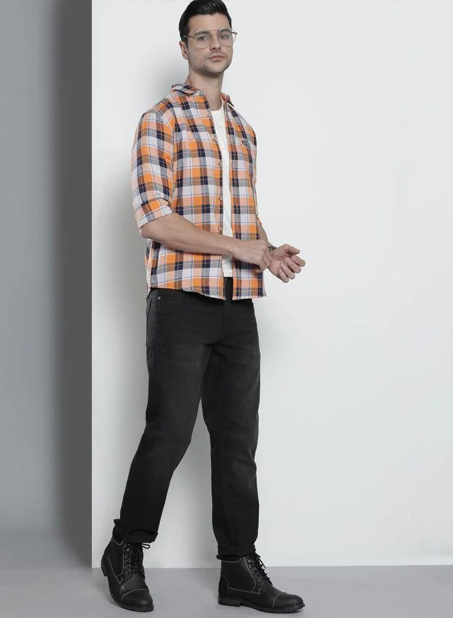 The Indian Garage Co Men Orange Checkered Slim Fit Shirt
