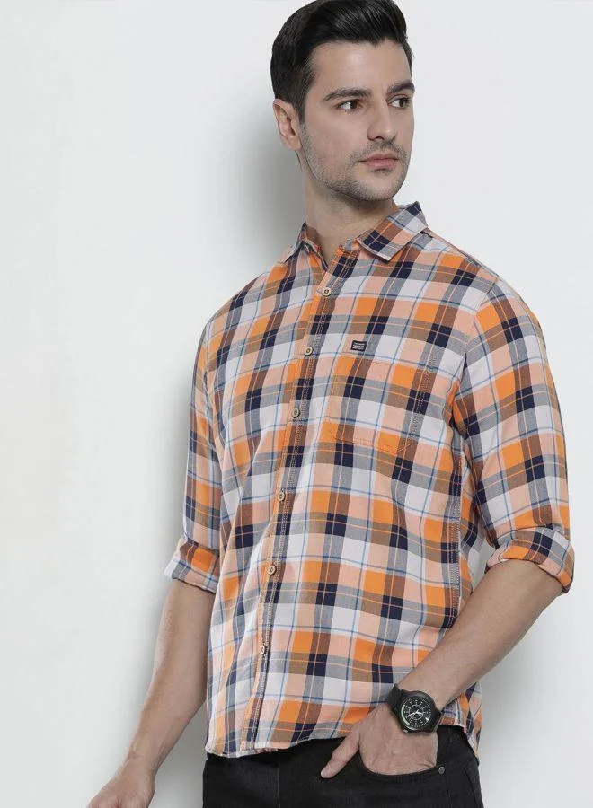 The Indian Garage Co Men Orange Checkered Slim Fit Shirt
