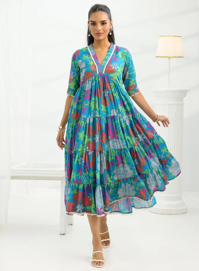 Libas Blue Printed Silk Blend Tiered Midi Dress
