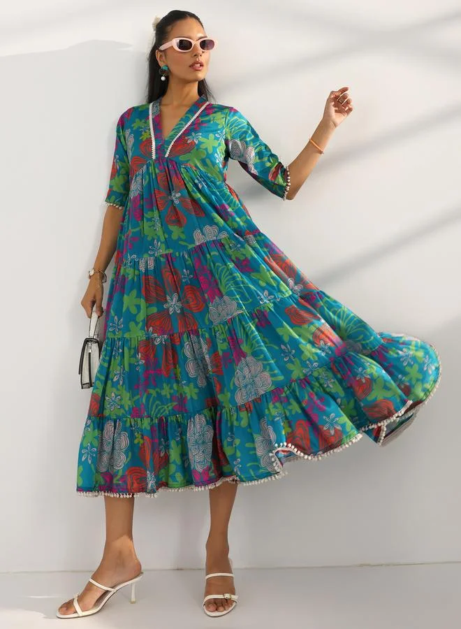 Libas Blue Printed Silk Blend Tiered Midi Dress
