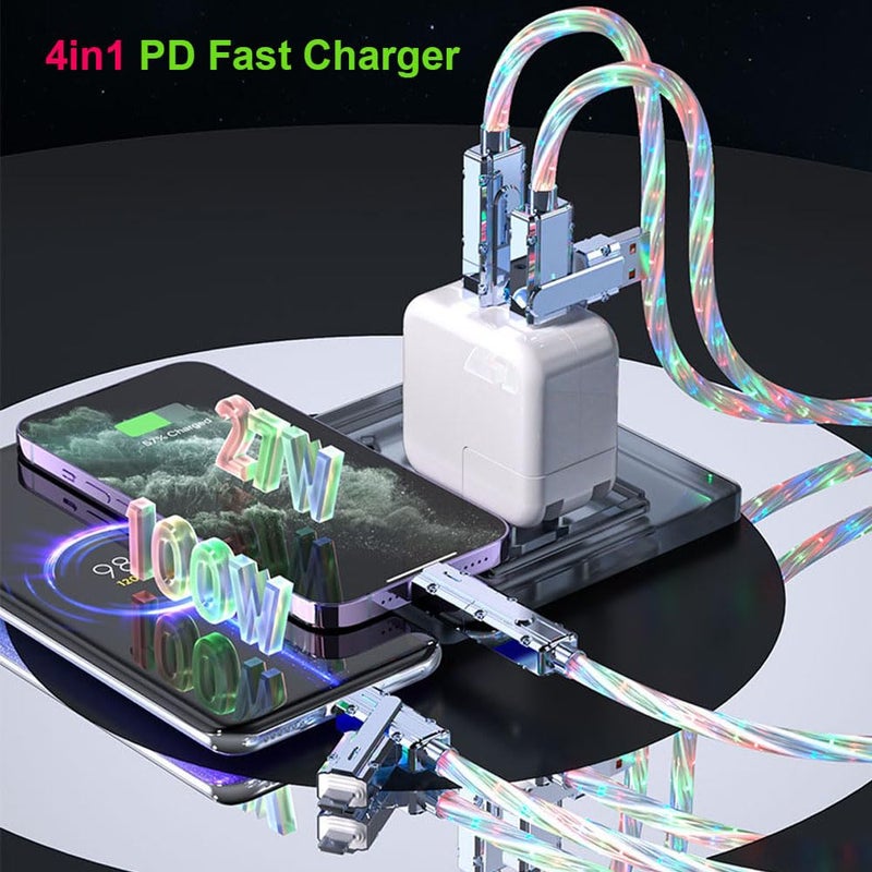 IHAO كابل شاحن IHAO 4 في 1 متعدد الوصلات من USB A/Type C إلى USB Type C/8Pin PD بقوة 60 واط سريع الشحن مع إضاءة LED RGB مرئية باردة متدفقة متوافق مع الهواتف الخلوية - سماء نجمية - Image 4