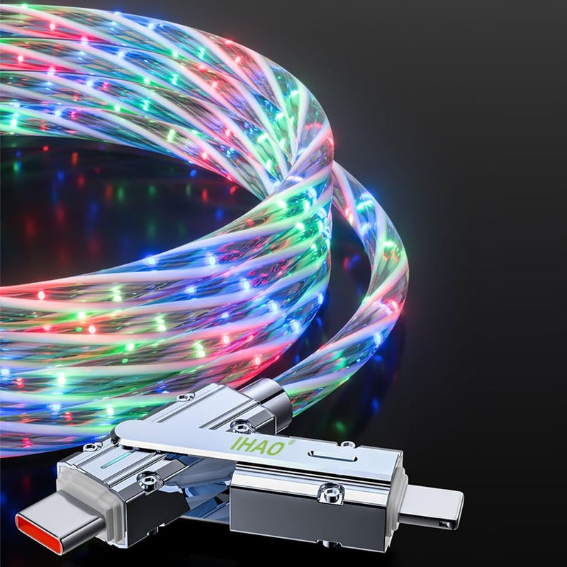 IHAO كابل شاحن IHAO 4 في 1 متعدد الوصلات من USB A/Type C إلى USB Type C/8Pin PD بقوة 60 واط سريع الشحن مع إضاءة LED RGB مرئية باردة متدفقة متوافق مع الهواتف الخلوية - سماء نجمية - Image 2