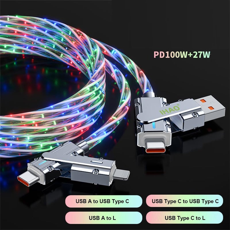IHAO كابل شاحن IHAO 4 في 1 متعدد الوصلات من USB A/Type C إلى USB Type C/8Pin PD بقوة 60 واط سريع الشحن مع إضاءة LED RGB مرئية باردة متدفقة متوافق مع الهواتف الخلوية - سماء نجمية - Image 3